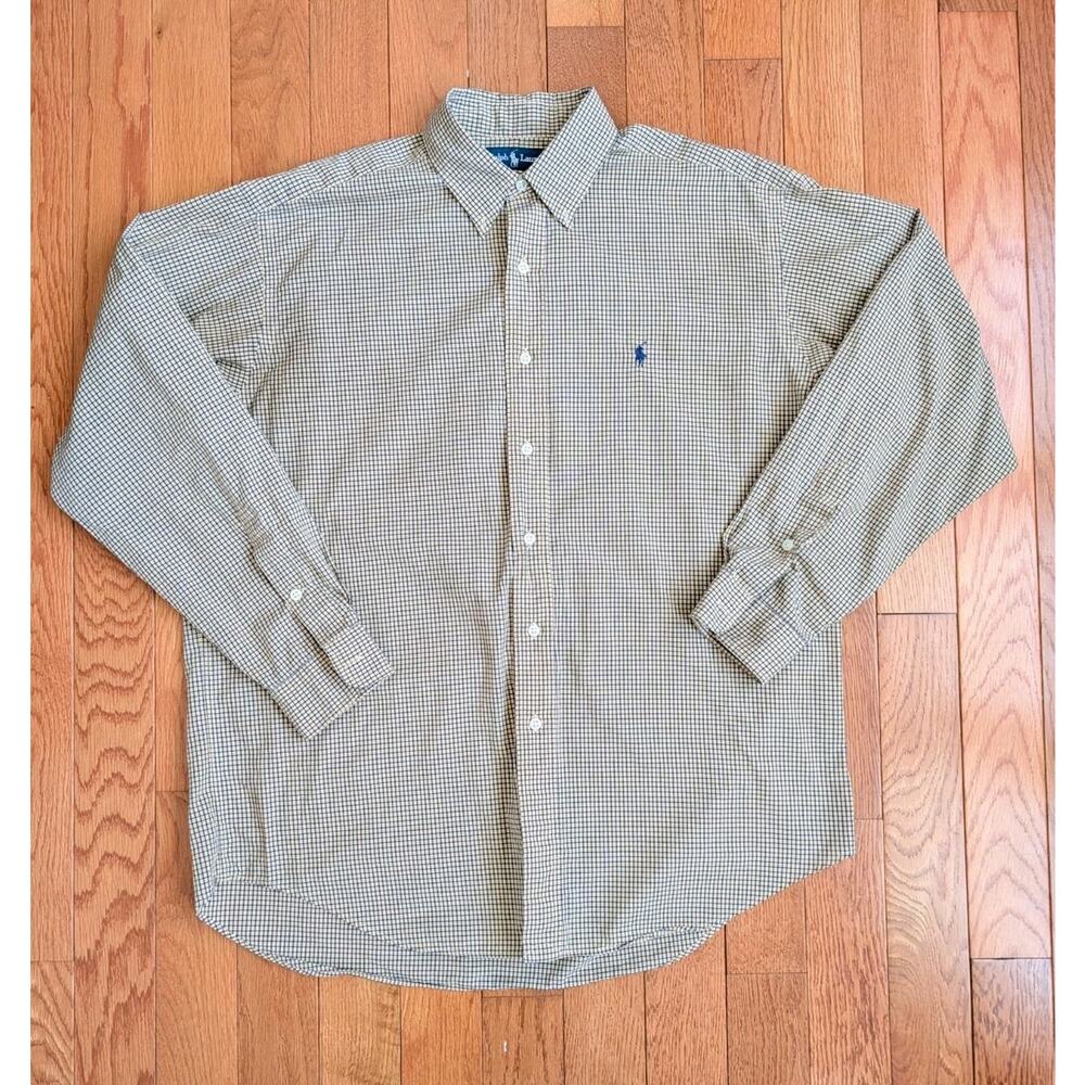 Ralph Lauren Mens Blake Cotton Dress Shirt Yellow Navy Plaid Size Large